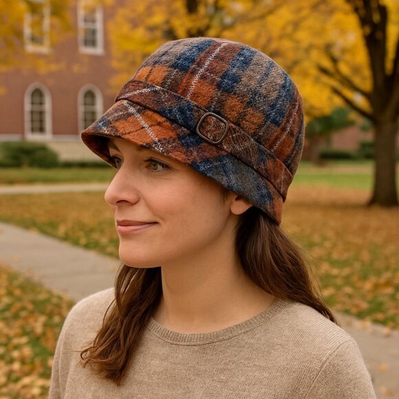 Vintage Irish Plaid Wool Hat Newsboy Cap Fall Bucket Cloche Autumn Campus Style - Picture 1 of 16